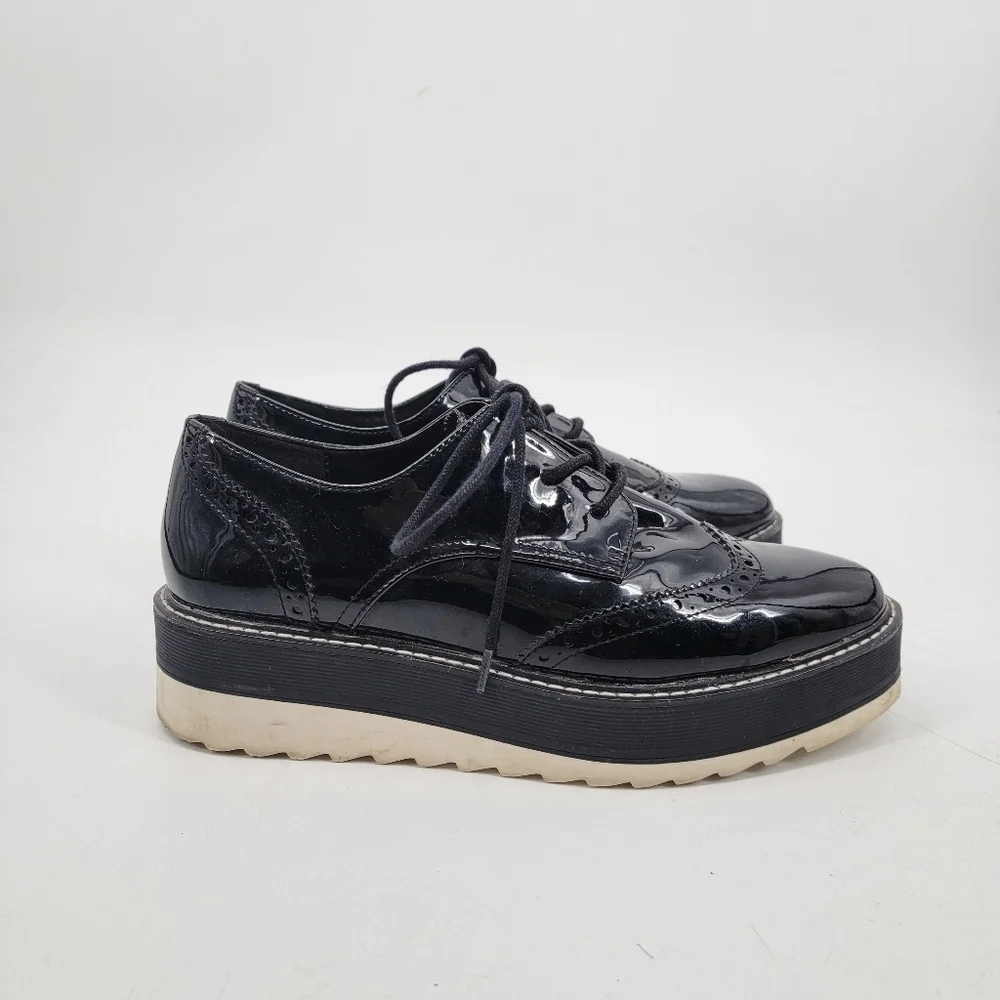 Zara Black Patent Leather Platform Oxford Derby Creepers Size 40 Dark Academia